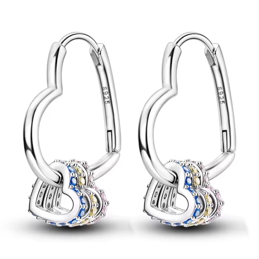 Sterling Silver Heart Hoop Earrings with Multicolor Heart Charms